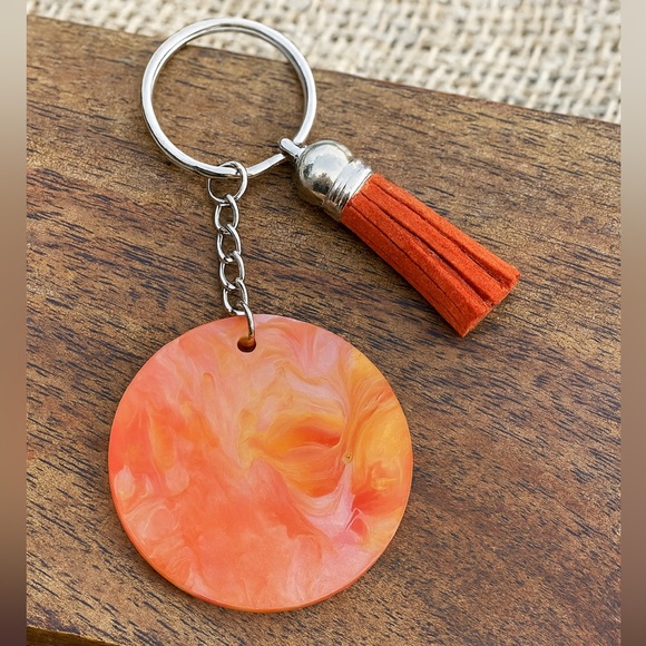Hand Crafted Accessories - Handmade Fluid Art Red Gold Pink Swirl Keychain Bag Charm Tassel Unique Gift